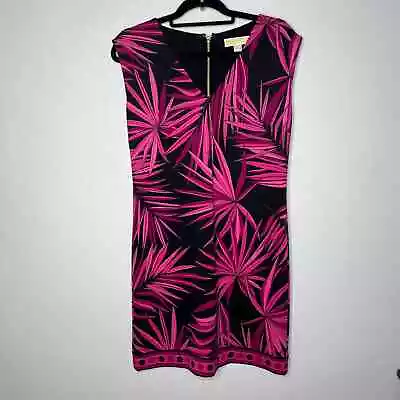 Michael Kors Palm Leaf Print Dress Fuchsia Pink V-Neck Sleeveless Back Zip Sz M • $38.40