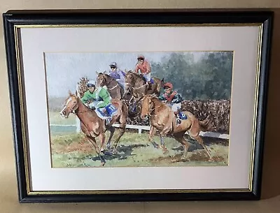 Original Signed Vintage Watercolour Painting Of Horse Racing In Black Frame. • £24
