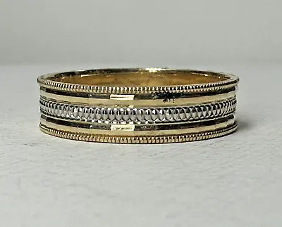 Vintage Art Carved 14k Yellow White Gold Wedding Band Sz 10 5.4mm 3.8g • $329