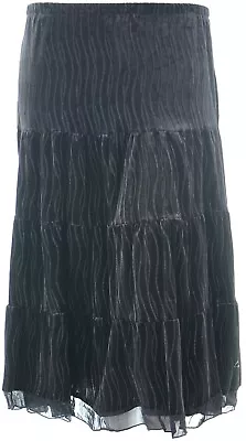 4 Tier Black Velvet Velour Skirt Burn Out Wave Detail Chiffon Hem Trim Womens • £9.56