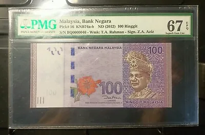 Malaysia Banknote Rm100 Pmg67epq Low Number Bq0000046 Zeti Gabenor • $118