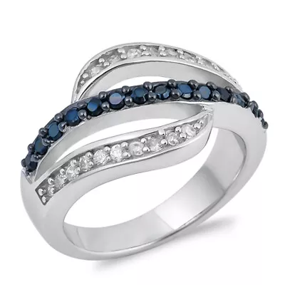 Black CZ Micro Pave Wave Fashion Ring New .925 Sterling Silver Band Sizes 5-9 • $20.99
