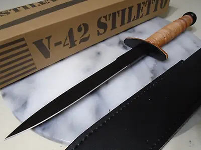 V-42 FSSF Stiletto Dagger Knife Spike Fixed Blade Dual Edge Leather Handle 2140 • $27.99