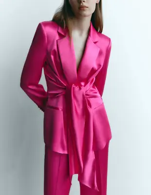 Zara Women New Tied Satin Effect Blazer Fuchsia Jacket 8275/309 S M • $79.99