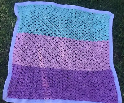 $16 • Buy Baby Afghan Handmade Crochet Blanket Striped Tricolored 35” X 36.5”