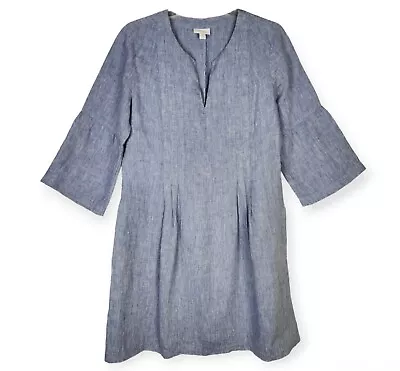 J. Jill Love Linen Dress Notched Neck Pleated 3/4-Sleeve Loose Fit Pockets Blue • $34.95