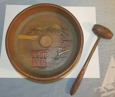 $31.97 • Buy Vintage Carved Nutcracker Bowl And Hammer Set Japanese Landscape