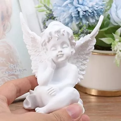 Cherub White Resin Baby Angel Sleeping In Large Feather Wings • $79.25