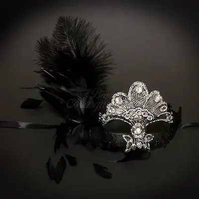 Mardi Gras Venetian Feather Masquerade Mask For Women Black Gold M8337  • $19.95