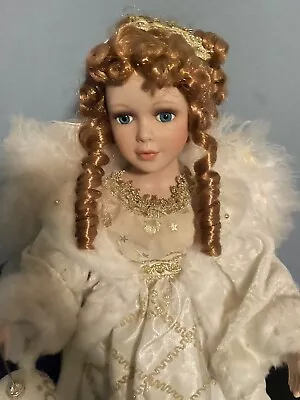 Collections Etc.16” Porcelain Angel Doll- Feather Wings Curly Hair & Stand 2005 • $25