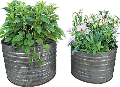 Galvanized Ribbed Flower Pot Set 1.5 & 1 Gallon Metal Pots For Indoor & Outdoor • $23.99