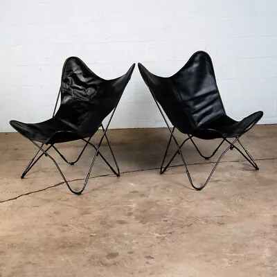 Mid Century Modern Lounge Chairs Pair Black Leather Sling Armchair Butterfly Mcm • $1104.13