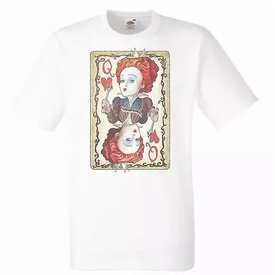 Mens Queen Of Hearts Playing Card Wonderland Fantasy White T-Shirt • £11.95