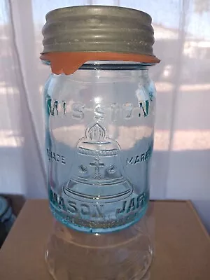  Vintage MISSION (bell) TRADE MARK MASON JAR Aqua Pint With Lid • $29.99