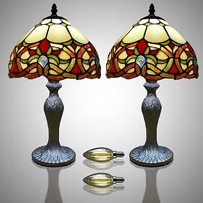 £135 • Buy Pair Of Tiffany Style Table Lamps 10 Inch Shade Stained Glass Multicolour Art UK
