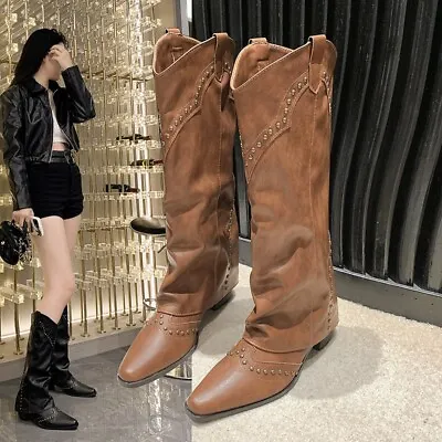 2023 Winter Vintage Boots Women's Pants Boots Pointed Western Rivets Long Boots • $62.37