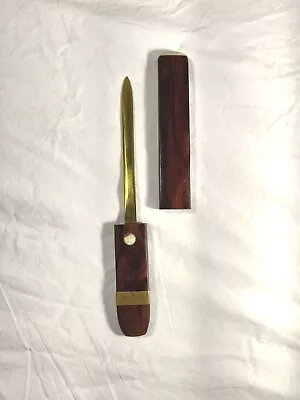 Vintage Rare Letter Opener Wooden Sheath Brass Blade Stone Tip • $15