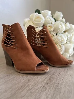 Lace Up Zip Ankle Boots Shoes Sz 8 Bamboo Tan Suede Open Toe Sexy Casual Daytime • $4
