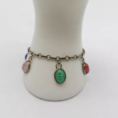 Glass Scarab Cabochon Dangle Chainlink Silver Tone Bracelet Vintage • $23.99