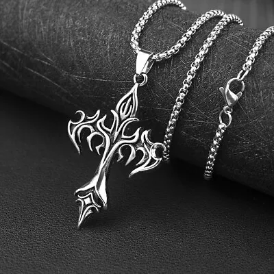 Silver Stainless Steel Black Cross Pendant Mens Women Chain Necklace Crucifix UK • £3.99