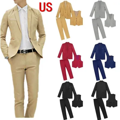 US Men 3-Piece Suit Blazer Slim Fit Tuxedo With One Button Jacket Vest&Pants Set • $36.15