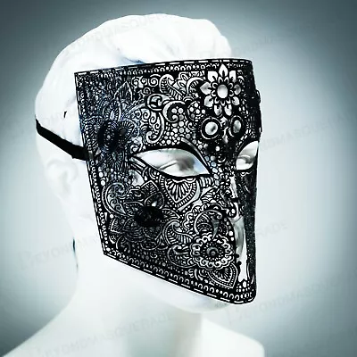 Mens Metal Bauta Venetian Laser-Cut Filigree Metal Masquerade Mask [Black] • $24.95