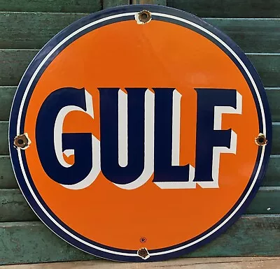 Vintage Gulf Gasoline Porcelain Sign Gas Station Pump Plate Motor Oil Service • $29.99