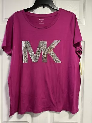 Womens Michael Kors Pink W/silver Sequin MK Logo T-Shirt ~ Size XL • $39.50