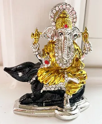 Lord Ganesha Sitting On Black Mouse Metal Silver Car Dashboard Idol H-3  • $9.99