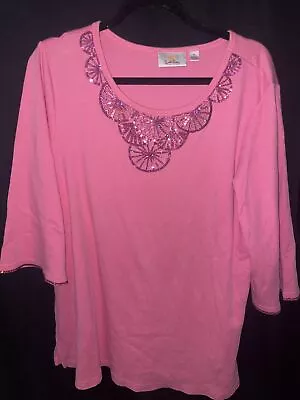 NWT~Quaker Factory CITRUS SLICE PINK SEQUIN 3/4 Sleeve Knit Shirt Top Woman’s XL • $12.99