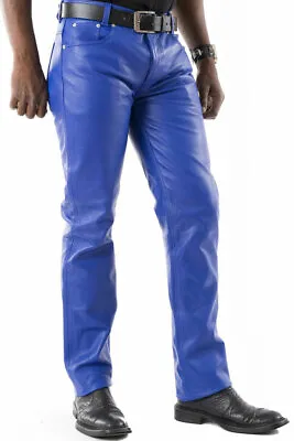 Men's Real Leather Bikers 5 Pockets Royal Blue Leather Jeans / Bikers Pants • $110