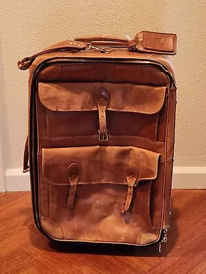 Mulholland Brothers Trolley Brown Leather Suitcase 24 X14  Wheels Small Cut • $199.99