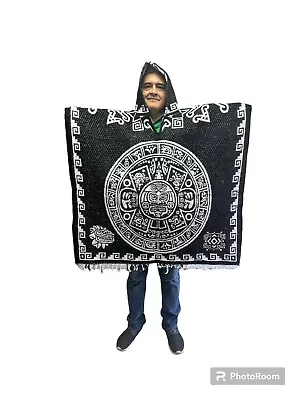Mexican Poncho With Hood   Azteca  One Size  Aztec Warrior   Black & White • $45