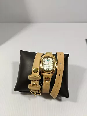 La Mer Collection Gold Tone Beige Faux Leather Wrap Bracelet Band Watch 23 Inch • $17.49
