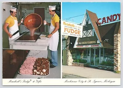 St Ignace-Mackinaw City Michigan~Marshalls Fudge & Interior~Continental Postcard • $2.70