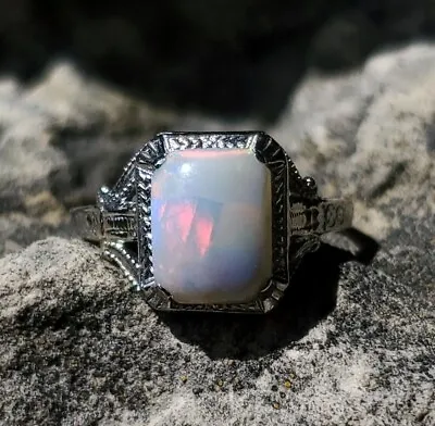 Vintage 14k White Gold 1.26ct Genuine Natural Opal Ring Jewelry (#J5711) • $749