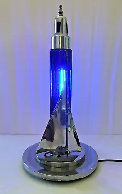 Org. ART DECO TABLE LAMP Cobalt Blue Glass Cylinder & Chrome Sailboat W/bulb 15  • $349