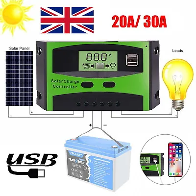 Solar Panel Battery Charge Controller 20A/30A LCD Solar Regulator With Dual USB • £9.88