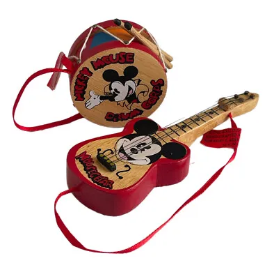 Kurt S Adler Set 2 Disney Mickey Mouse Drum Guitar Wooden Christmas Ornament Vtg • $25