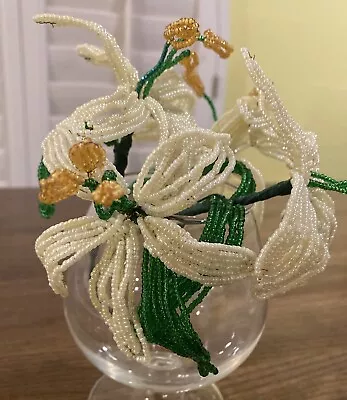 4pc VTG FRENCH GLASS SEED BEADED Yellow Green White FLOWERS LEAVES BOUQUET MCM • $47.99