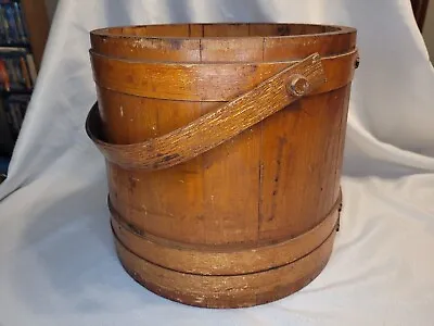 Antique Wooden Firkin Sugar Bucket W/ Handle 11.25  Tall Wood Straped Pail • $99.99