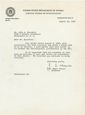 J. Edgar Hoover - FBI - Signed Letter To Elie A. Mountain 1955 Denying FBI Help • $70