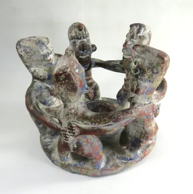 Multicolor Circle Of Friends Candle Holder 5 Figure Terracotta Folk Art Pottery • $24.50