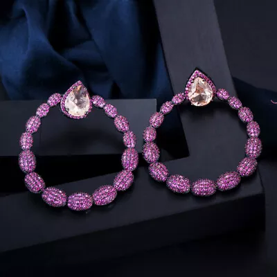 Micro Pave Hot Pink CZ Black Gold Plated Round Dangle Drop Earrings For Fiancee  • $13.29