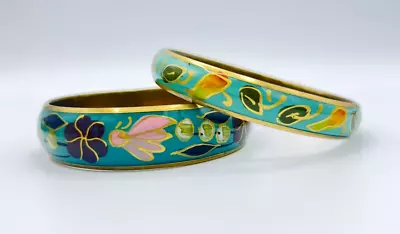 Set Of Two Vintage Gold Tone Green Floral Bangle Bracelets • $24