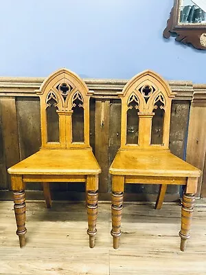 Pair Of Victorian Oak Gothic Revival Hall Chairs • £395