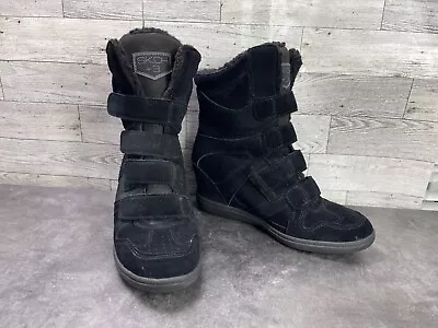 Skechers SKCH +3 Women Shoes Black 6 M Suede Leather Fringe Straps Wedge Boots • $28.36