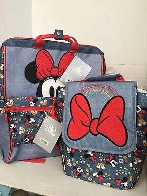 Disney Store Minnie Red Bow Denim Backpack & Lunch Tote Box School Bag Set NWT • £40.30