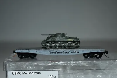 N Scale KR US018M WWII US USMC M4 Sherman Tank On 40' Navy Flatcar • $38.99