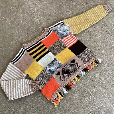 £49.99 • Buy Hand Knit Unique Design Hedgehog Squirrel Owl Colourful Patchwork Jumper Small